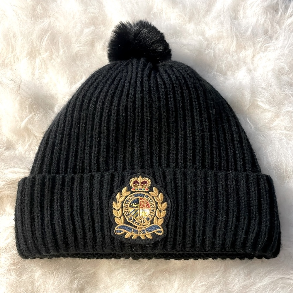 LAUREN Ralph Lauren Women's Knit Faux-Fur Pom-Pom Logo Patch Beanie Hat
